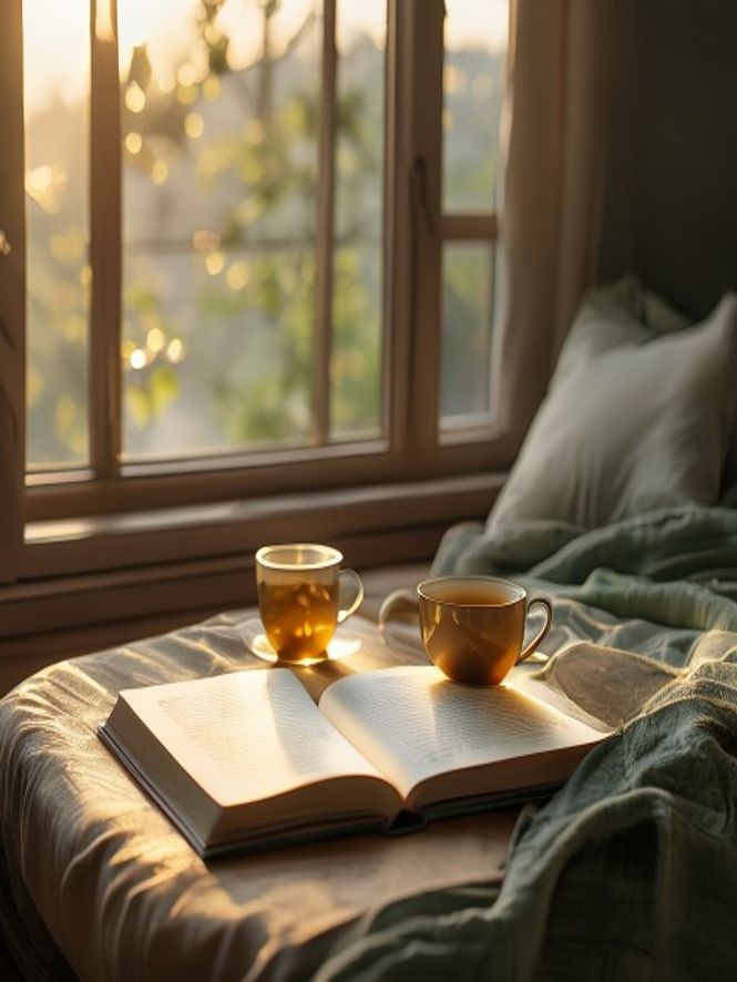 Calm person in meditation pose with natural light streaming through window