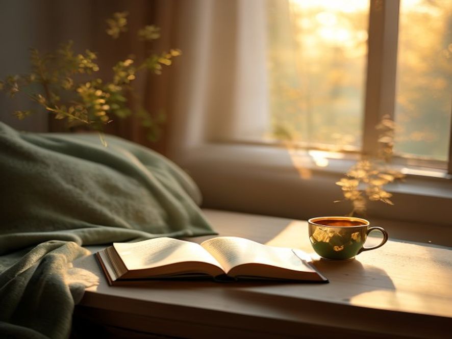 Morning routine with tea and notebook in peaceful home setting